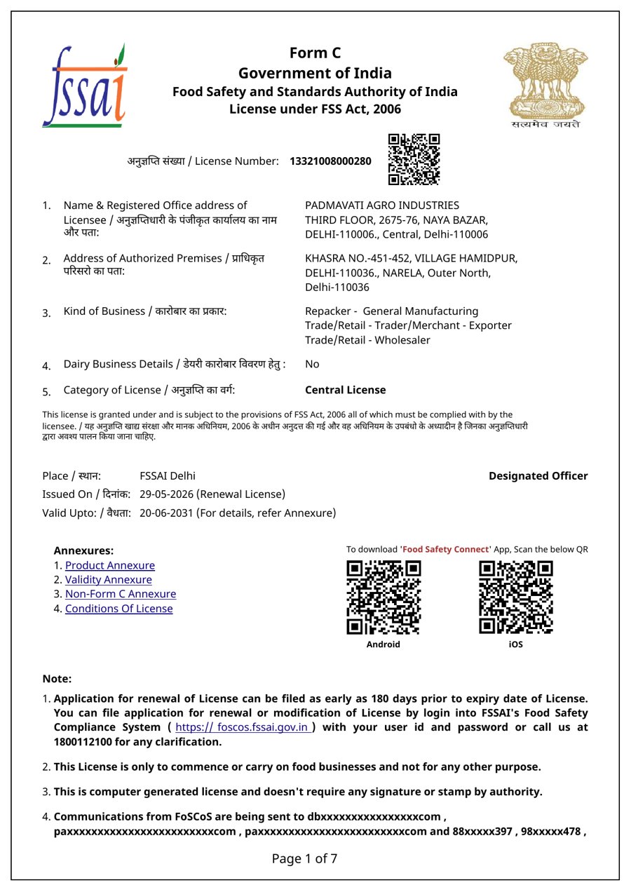 FSSAI License certificate — first page — Padmavati Agro Industries