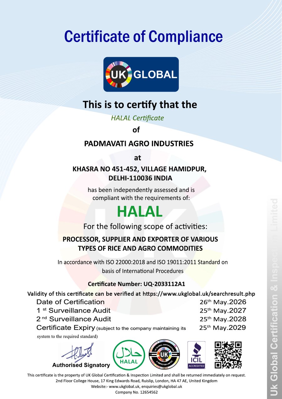 HALAL certificate — first page — Padmavati Agro Industries