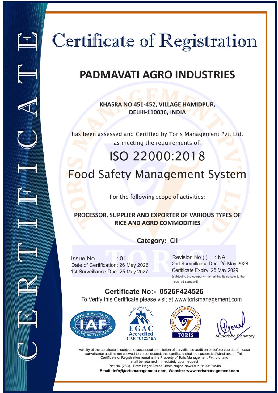 ISO 22000:2018 certificate — first page — Padmavati Agro Industries