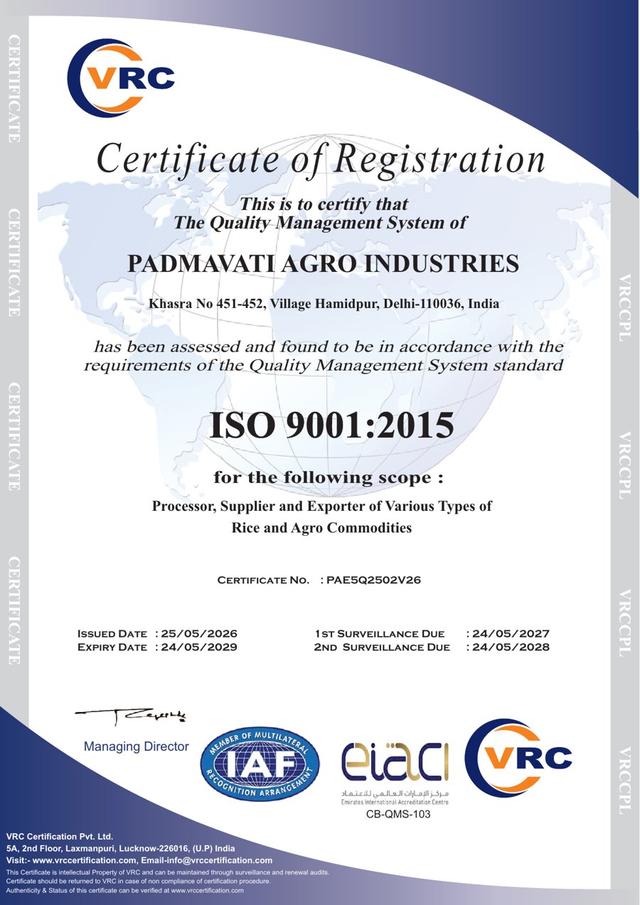ISO 9001:2015 certificate — first page — Padmavati Agro Industries