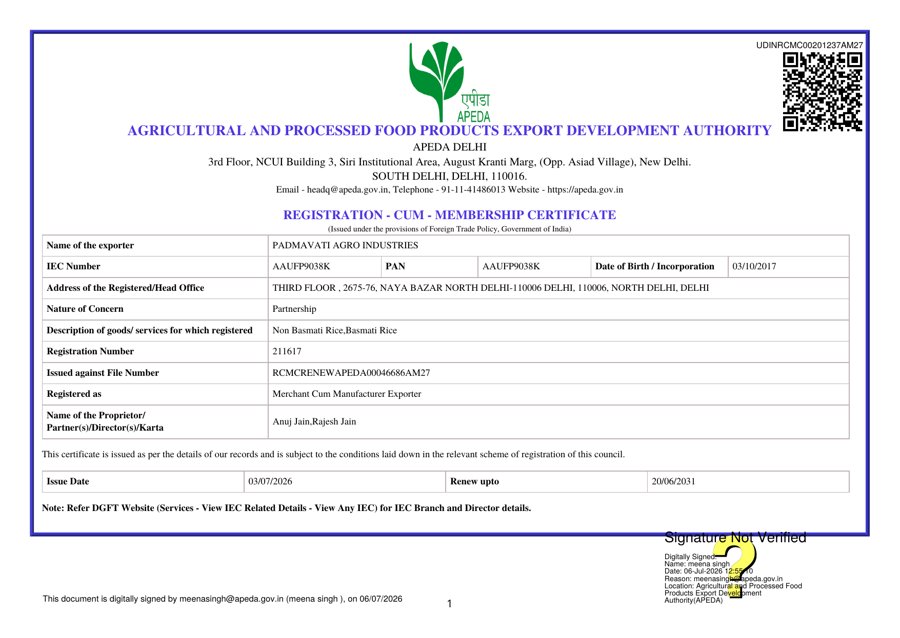 APEDA RCMC certificate — first page — Padmavati Agro Industries