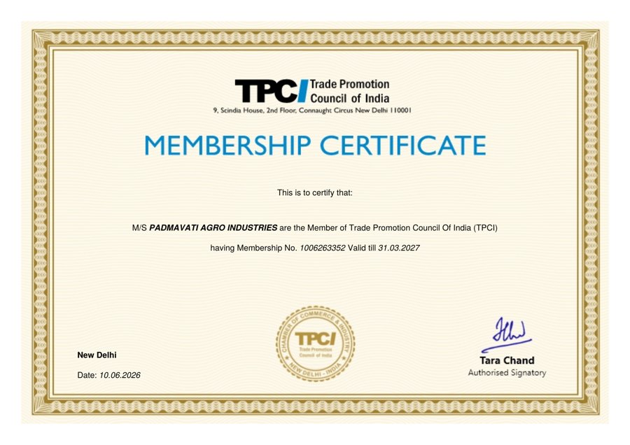 TPCI Membership certificate — first page — Padmavati Agro Industries